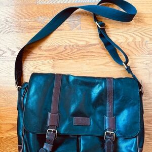 Vintage Fossil Two Tone Black/Brown Leather Briefcase Messenger Bag